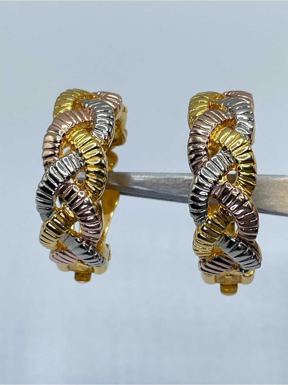 Tricolor Gold Silver Rose Gold Tone Textured Hoop Earrings Vintage Style Clip On